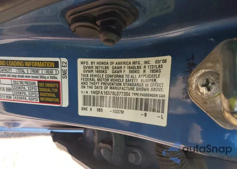 2008 Honda Civic Lx z USA, uszkodzony, nr VIN 1HGFA16528L077304